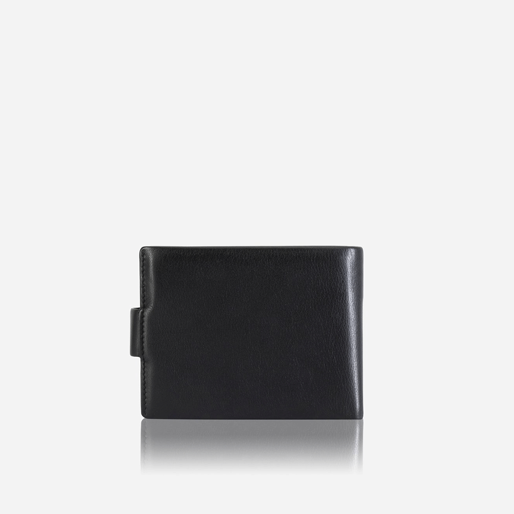 Large bifold wallet in soft black leather with press stud closure, showcasing its elegant design and practical features.