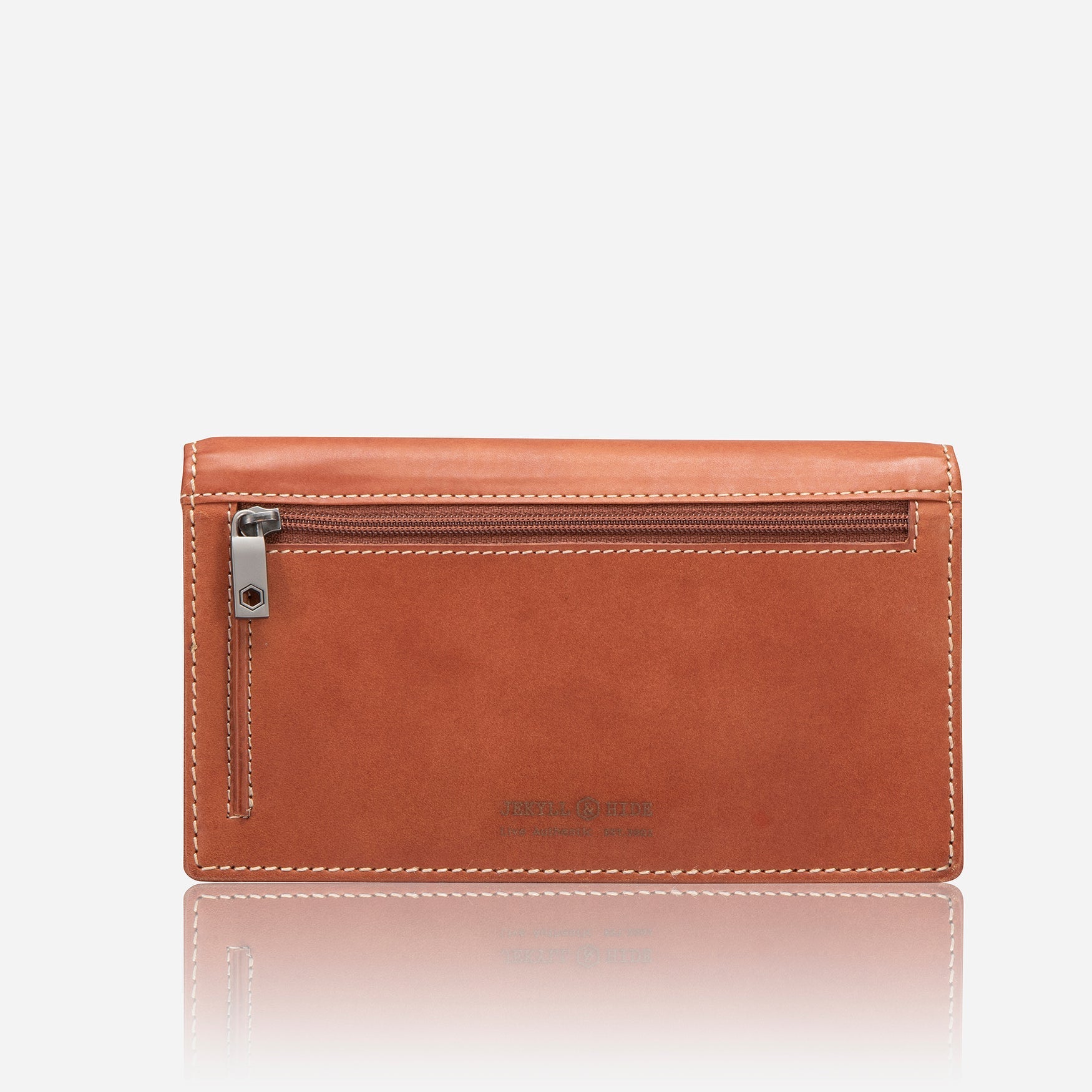Large leather purse in clay color with concertina design, showcasing its spacious interior and elegant finish.