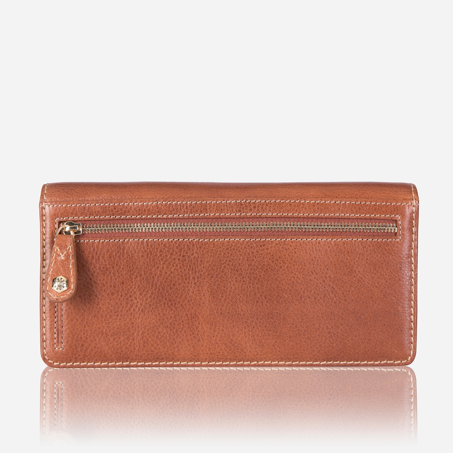 Large tan leather purse with multiple compartments, ideal for organizing cards and personal items.