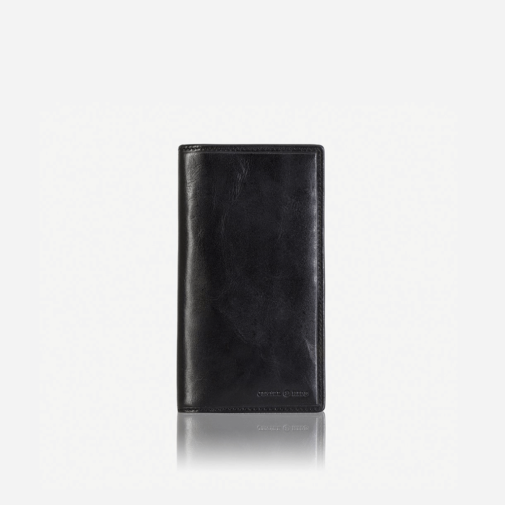 Large black travel and mobile wallet with compartments for cards, cash, and a mobile device, showcasing its sleek design.