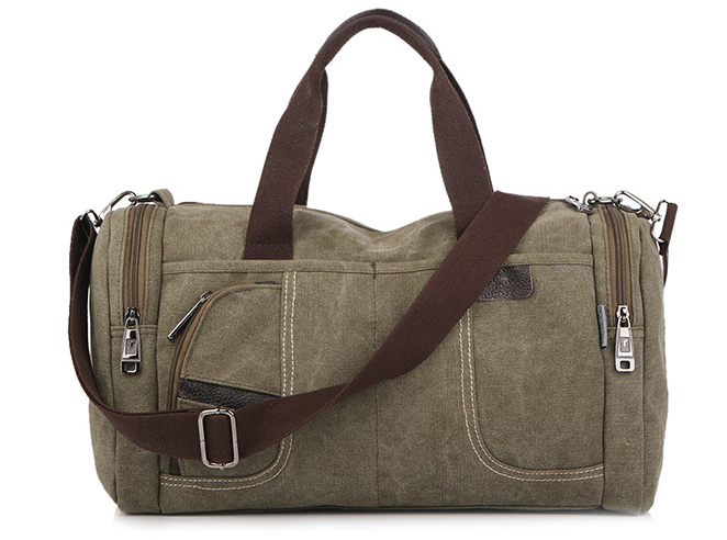 Large-capacity canvas duffel bag designed for hiking and tourism, featuring multiple pockets and a durable structure.