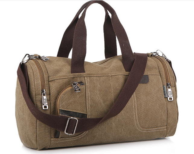 Large-capacity canvas duffel bag designed for hiking and tourism, featuring multiple pockets and a durable structure.