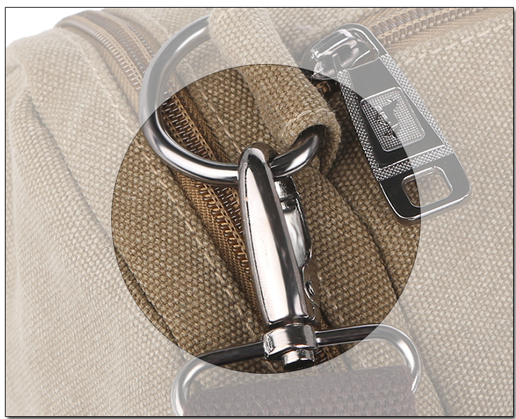 Large-capacity canvas duffel bag designed for hiking and tourism, featuring multiple pockets and a durable structure.