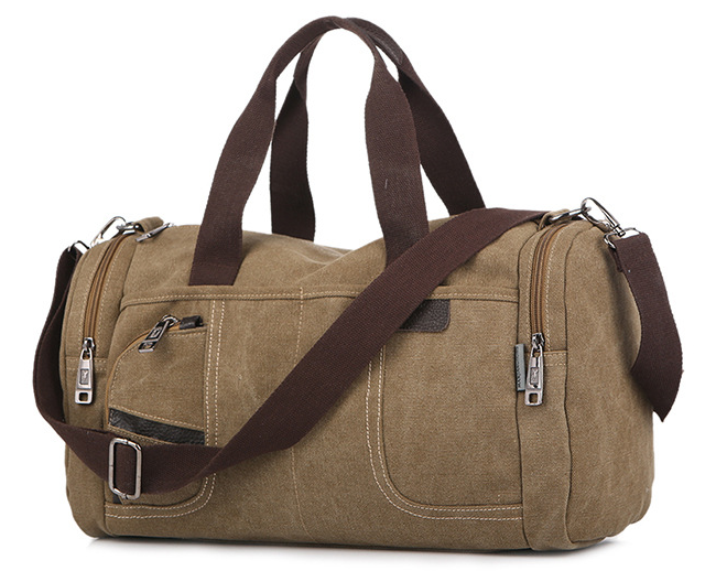 Large-capacity canvas duffel bag designed for hiking and tourism, featuring multiple pockets and a durable structure.