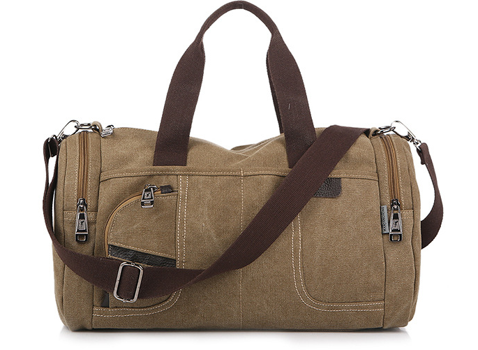 Large-capacity canvas duffel bag designed for hiking and tourism, featuring multiple pockets and a durable structure.