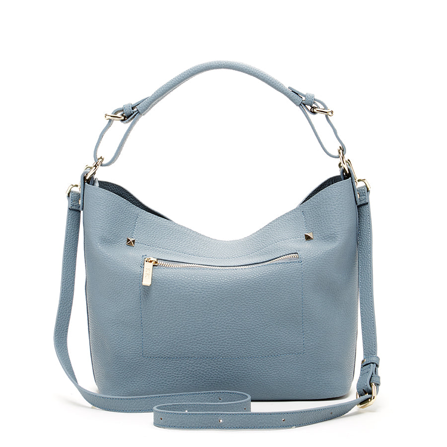 Lauren Faded Denim Leather Hobo Bag in blue with light gold hardware, showcasing its spacious design and stylish pebbled leather texture.