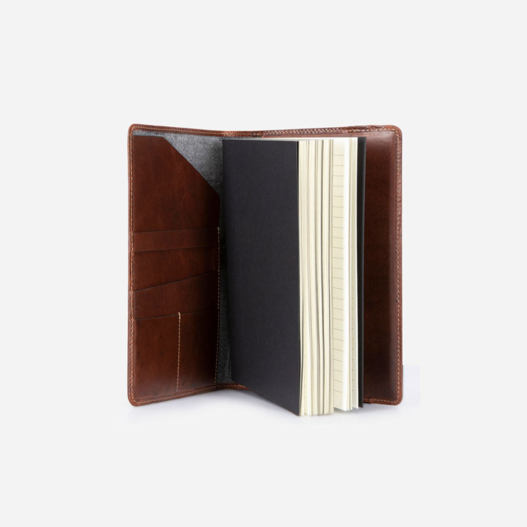 Elegant coffee-colored leather A5 notebook cover with card and pen slots.