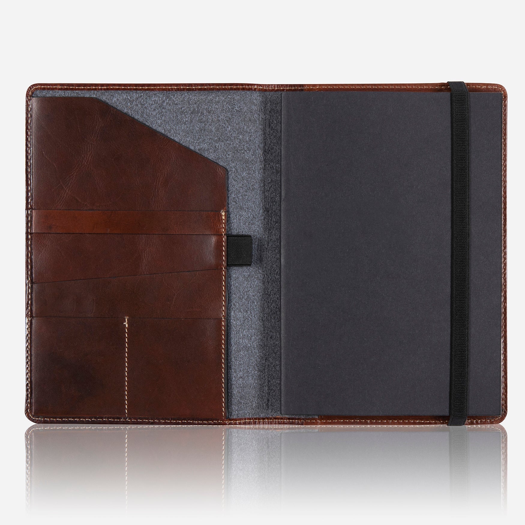 Elegant coffee-colored leather A5 notebook cover with card and pen slots.
