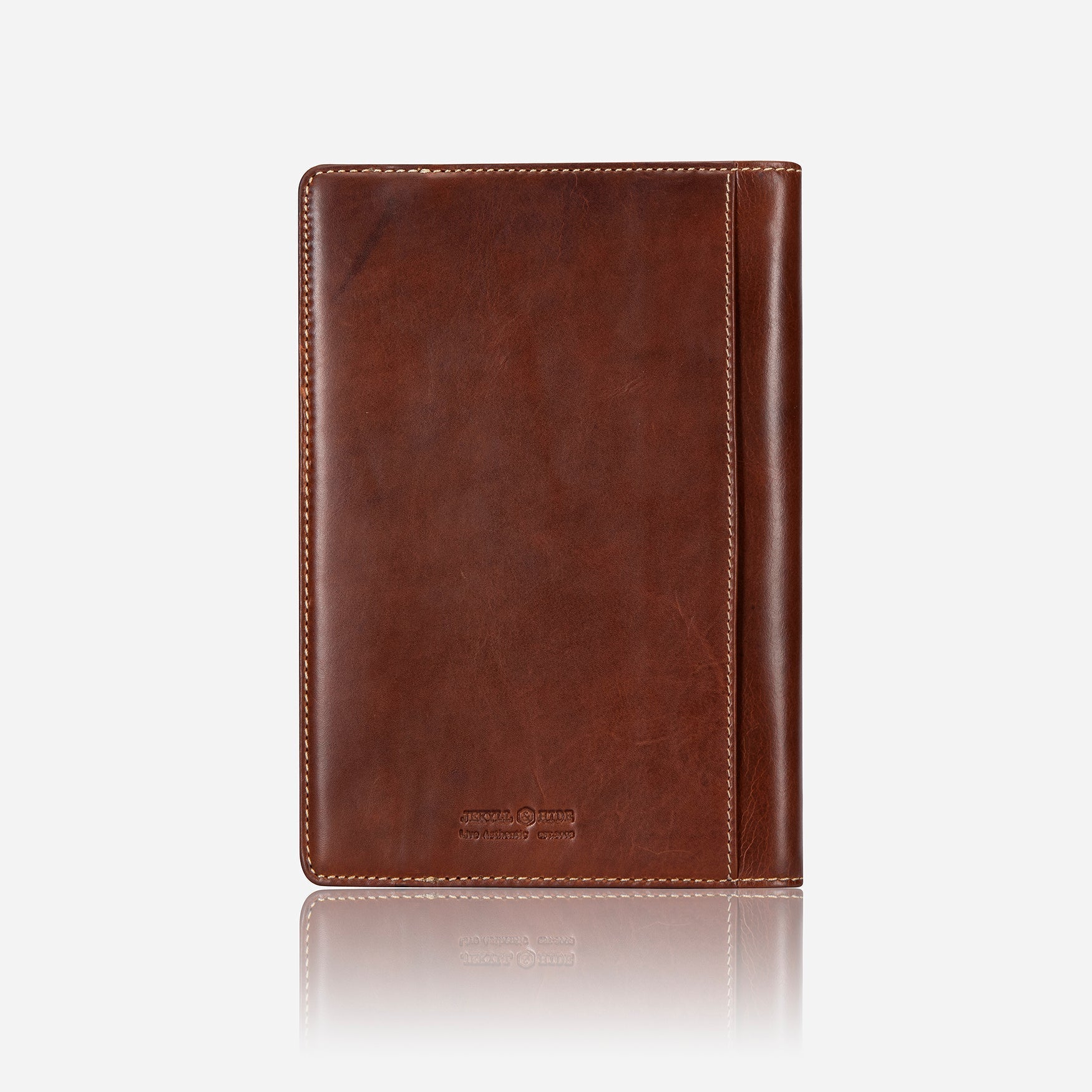 Elegant coffee-colored leather A5 notebook cover with card and pen slots.