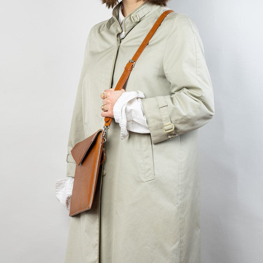 Premium leather bag for iPad with adjustable strap, showcasing its elegant design and wool felt lining.