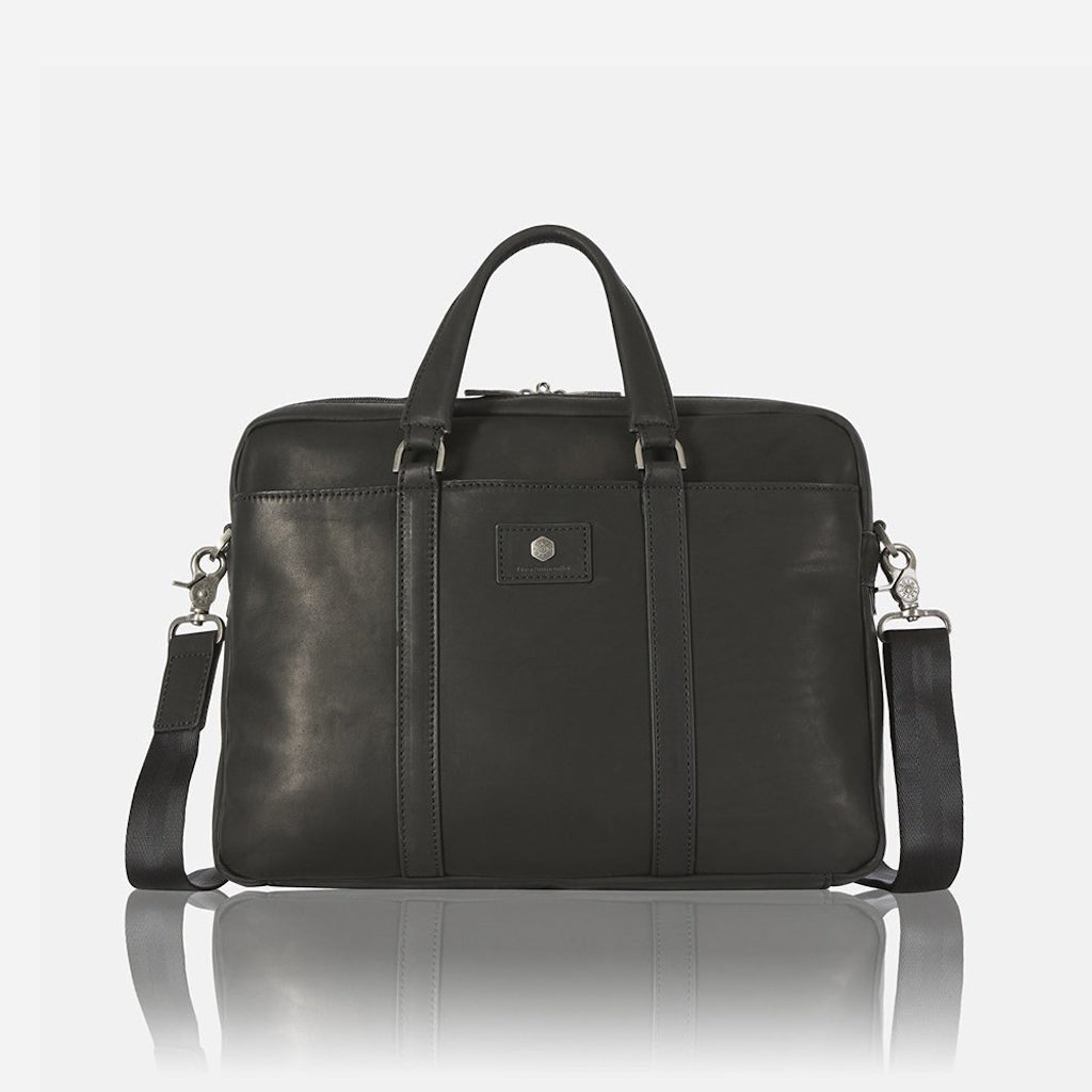 A sleek black leather briefcase with a modern design, featuring multiple compartments and a durable finish, perfect for professionals.