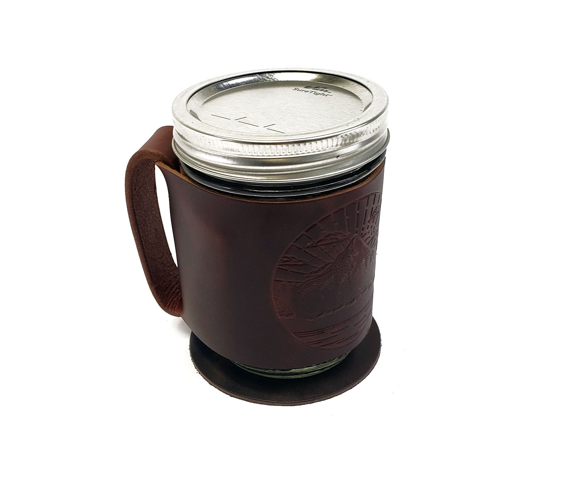 Set of four genuine leather coasters with custom branding options, elegantly displayed in a muslin duster bag.