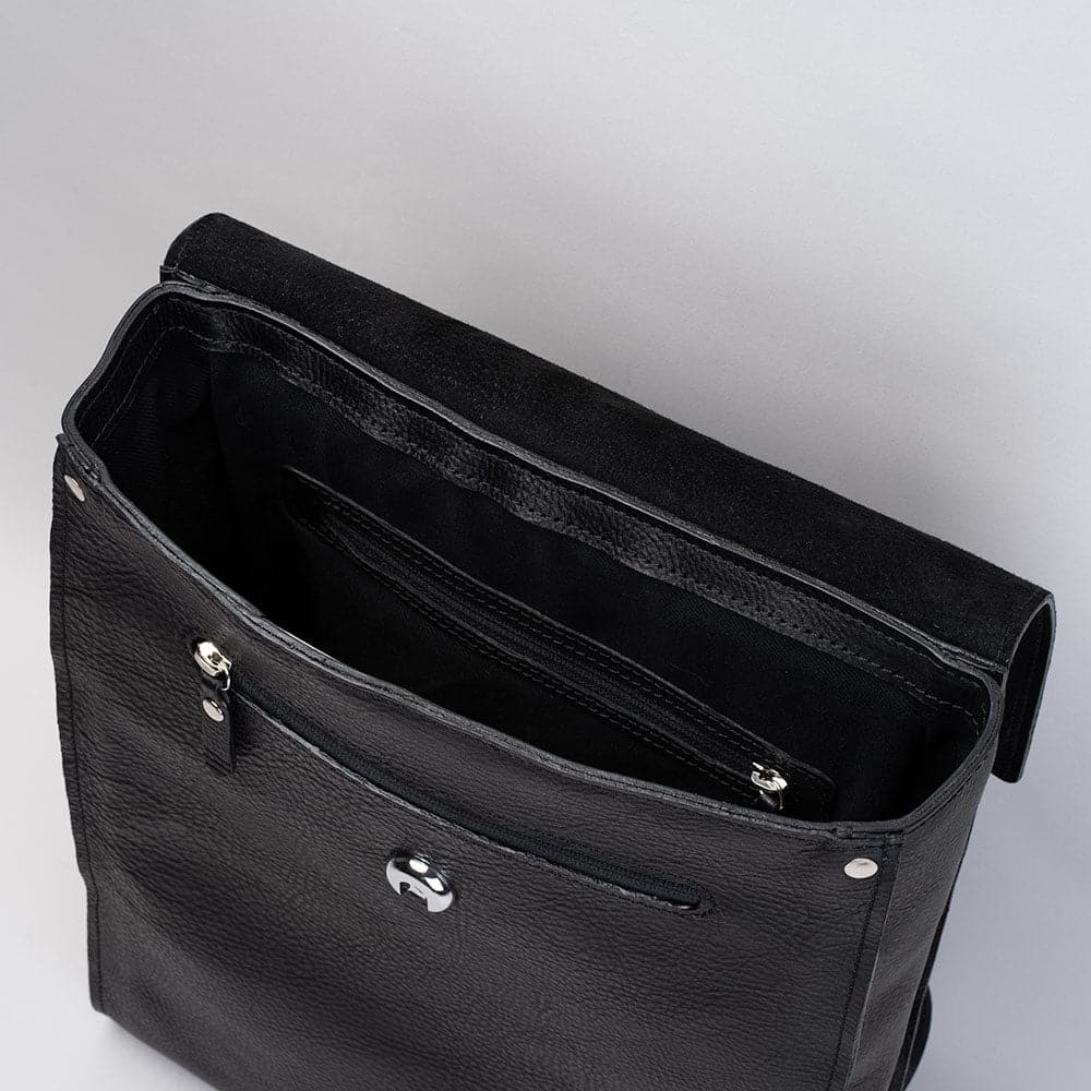 Black leather laptop backpack with adjustable straps and magnetic closure, featuring a sleek design and multiple storage pockets.