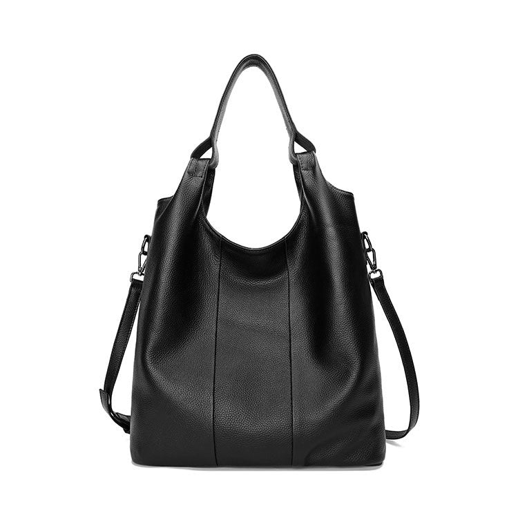 A stylish large-capacity leather messenger bag for women, featuring a litchi pattern and multiple pockets for organization.