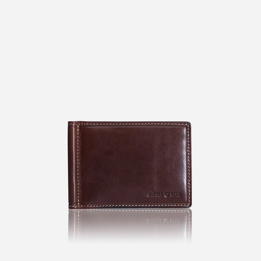 Leather Money Clip Wallet in Coffee with metal money strap, showcasing its elegant design and compact size.