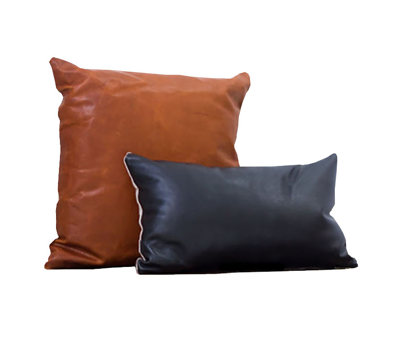 Stylish leather pillow cover in various colors, showcasing premium full grain leather and natural linen backing.