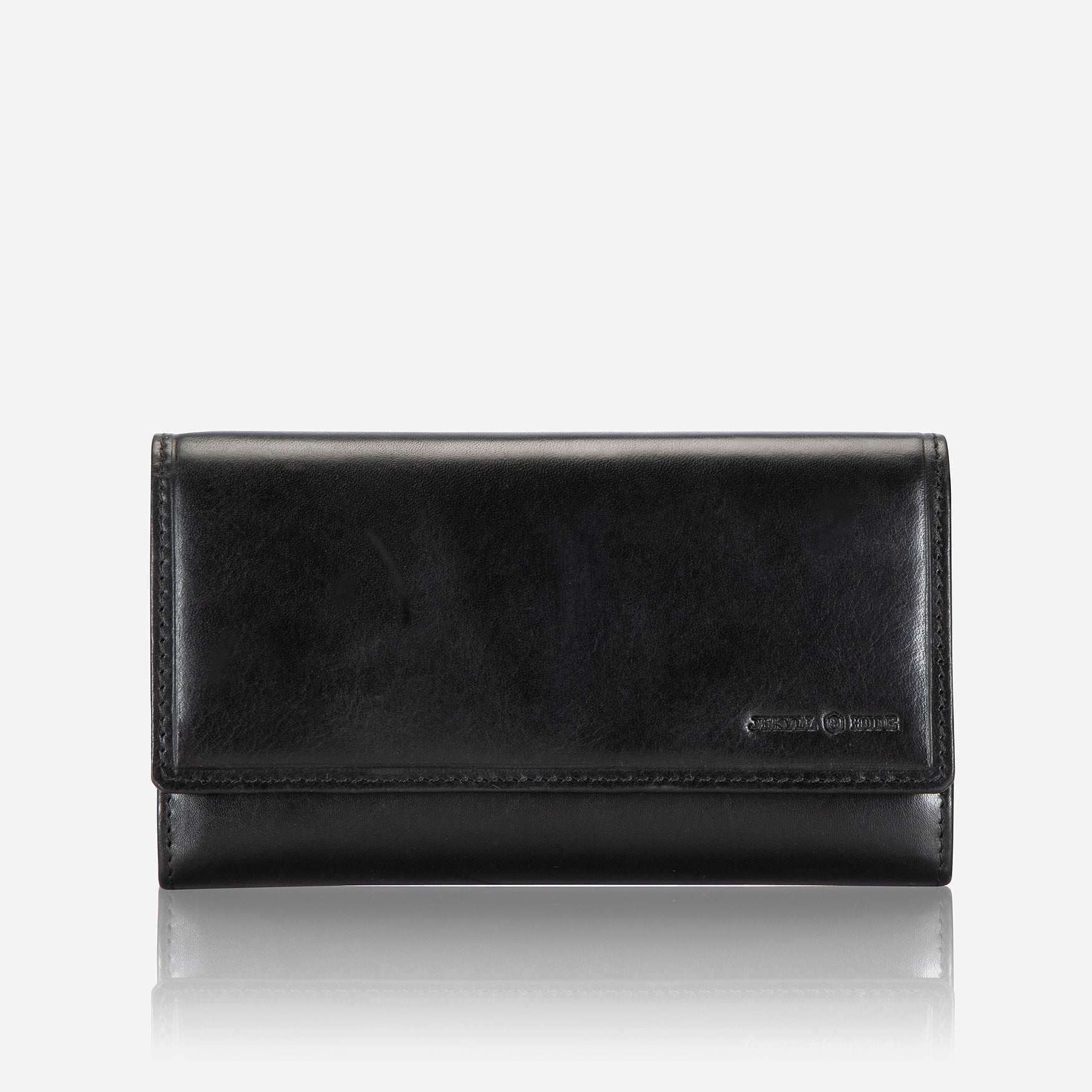 Elegant black leather purse with double-studded design, showcasing its slim and versatile style.