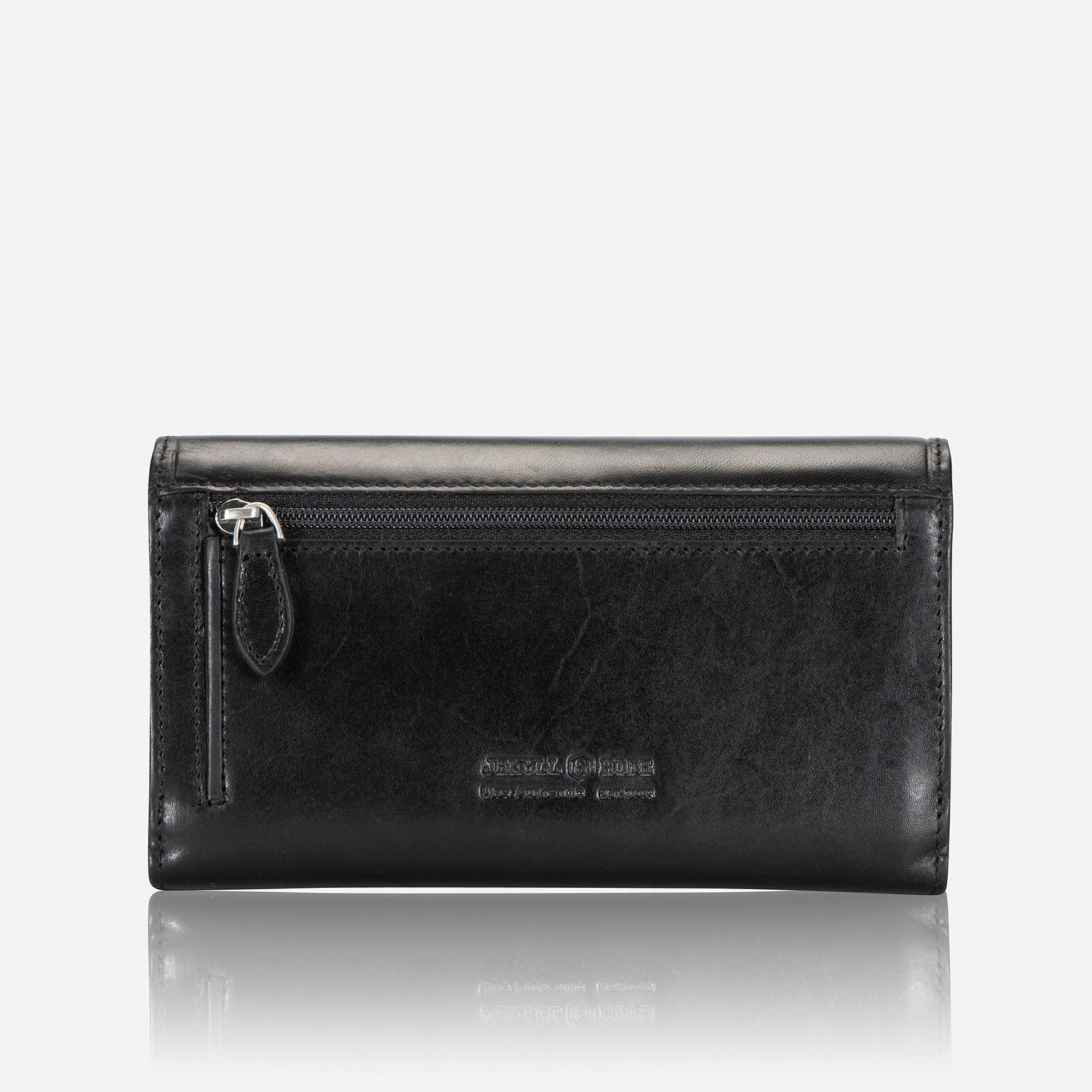 Elegant black leather purse with double-studded design, showcasing its slim and versatile style.