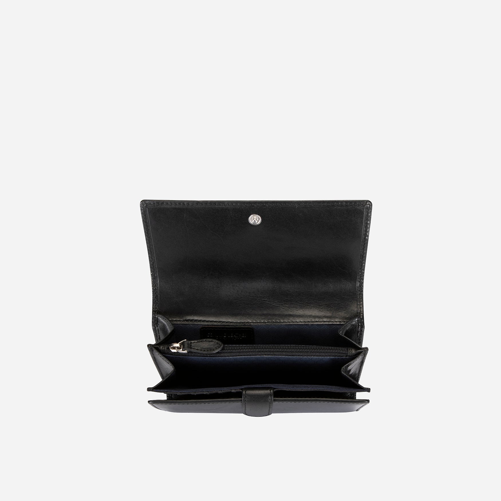 Elegant black leather purse with double-studded design, showcasing its slim and versatile style.