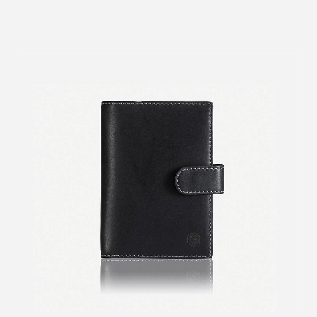 Black leather RFID passport cover with sleek design, protecting travel documents.