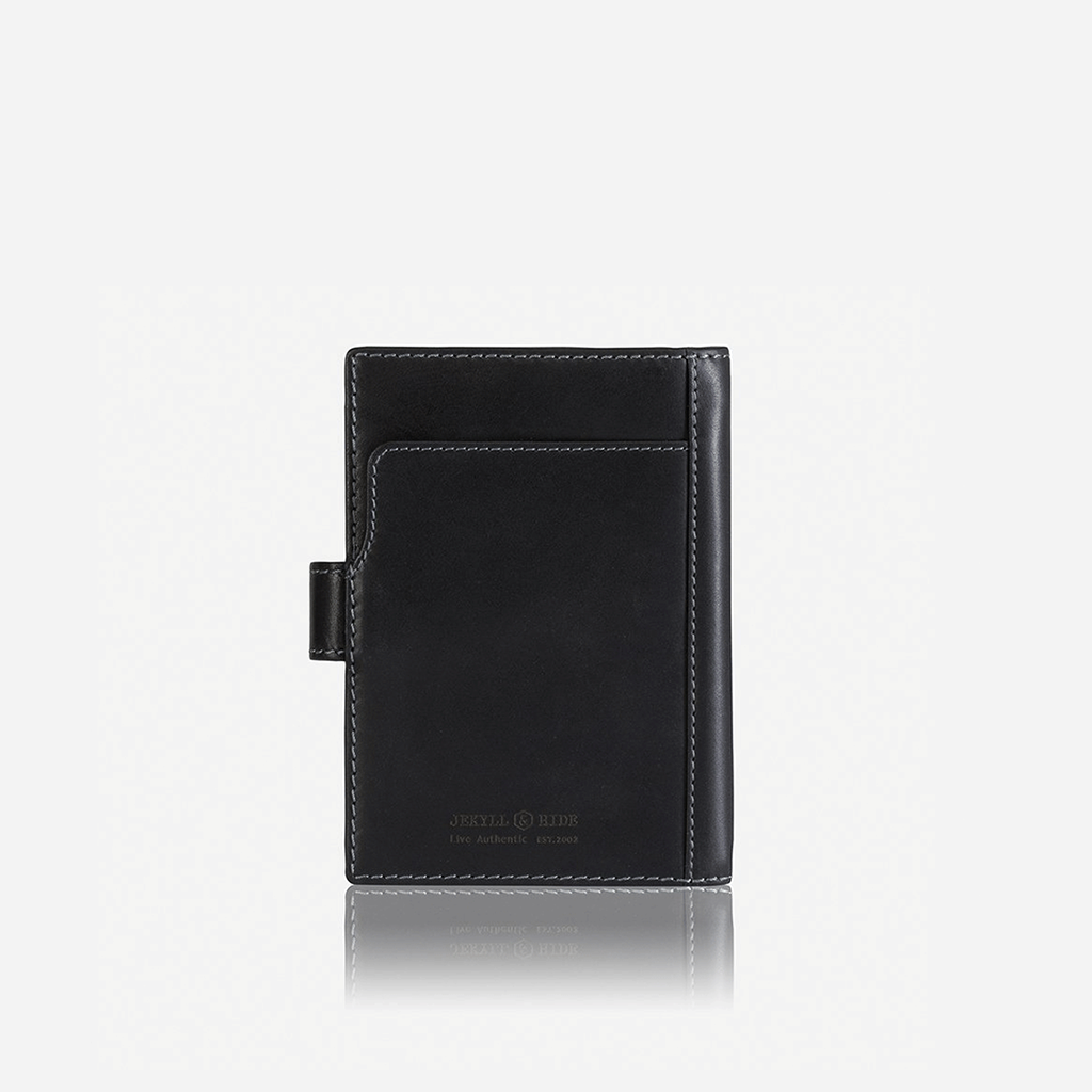 Black leather RFID passport cover with sleek design, protecting travel documents.