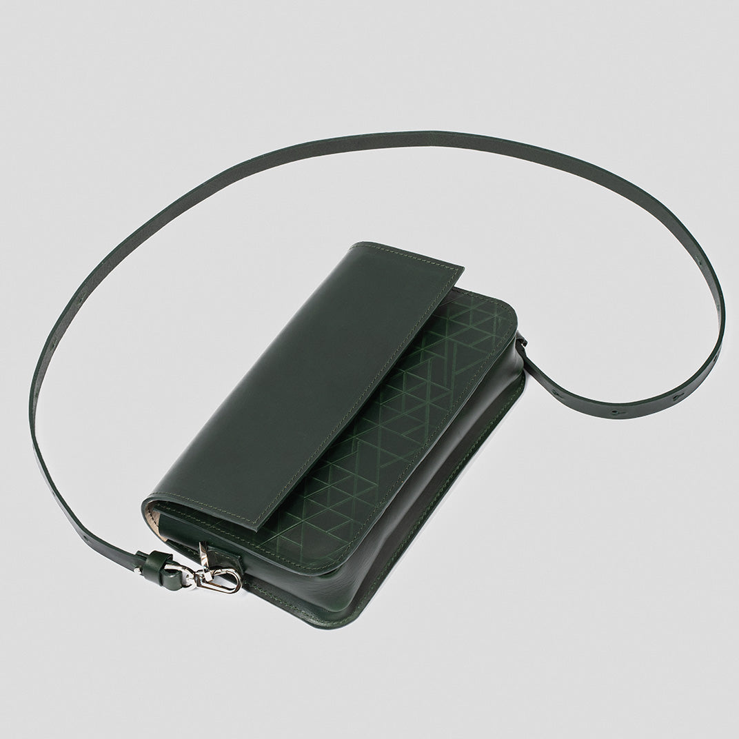 Curie Leather Shoulder Bag in orange with geometric pattern, showcasing premium Italian leather and structured design.