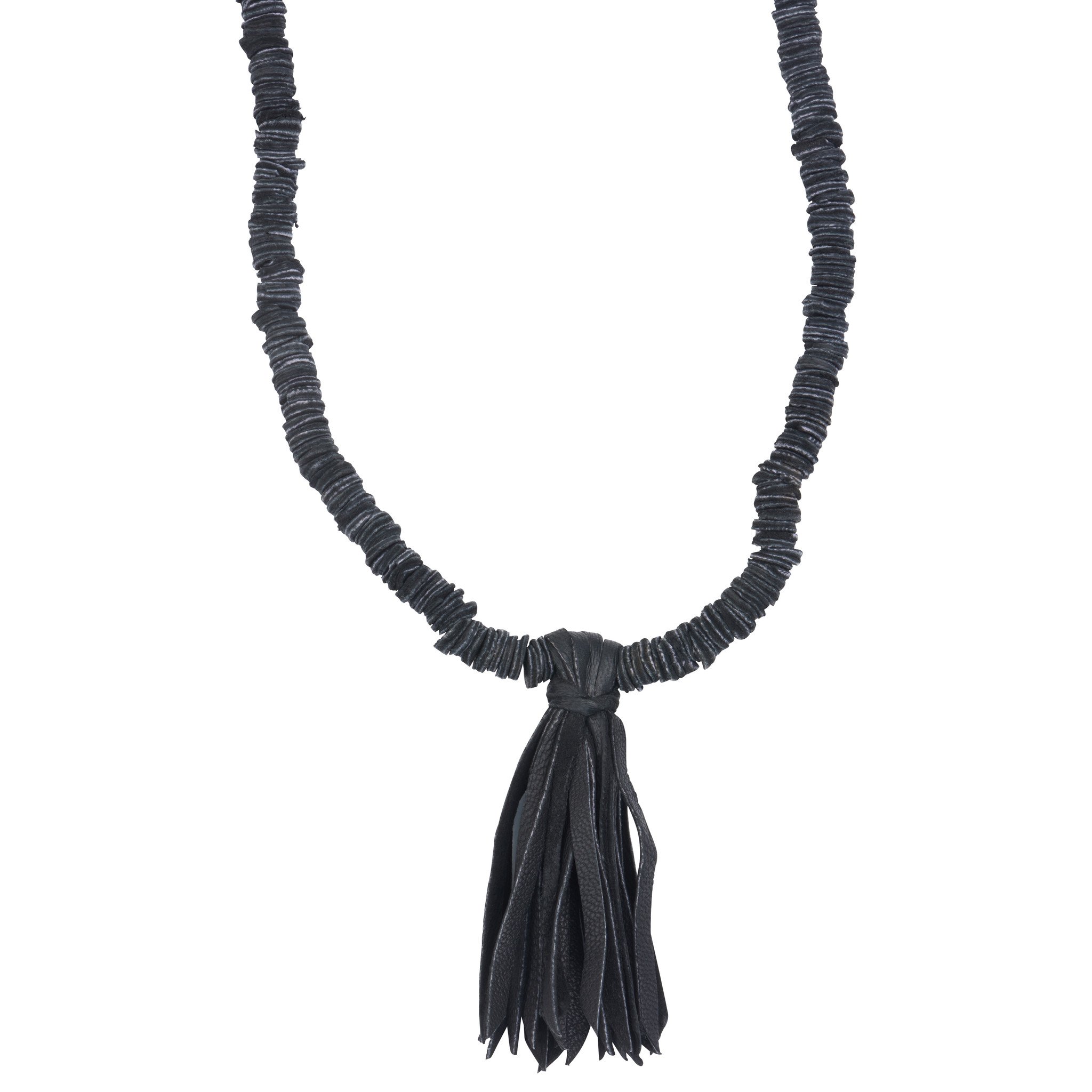 Leather tassel necklace featuring high-quality cowhide, handcrafted by Haitian artisans, with a 3-1/2" tassel and elegant design.