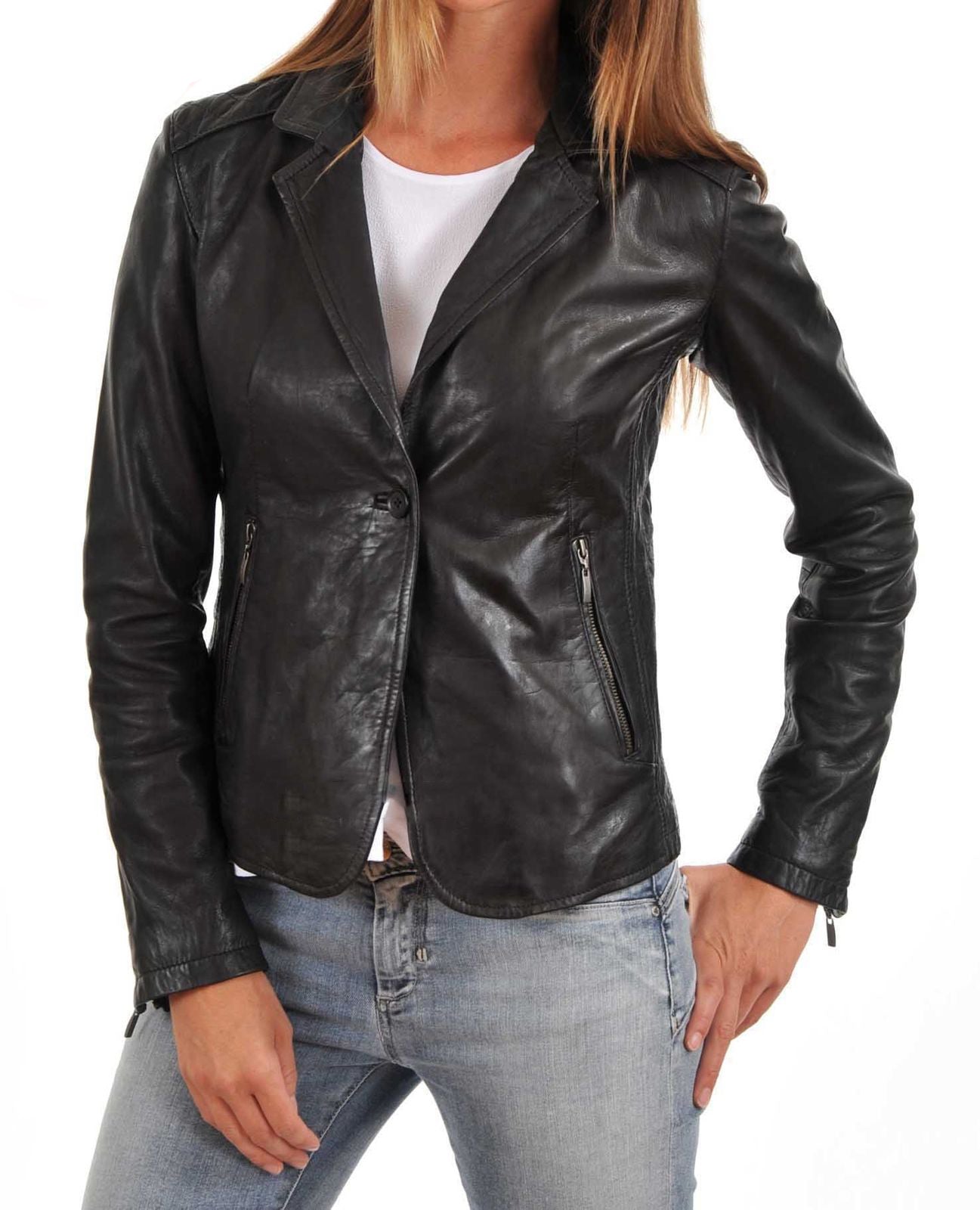 Leathers Women's Real Lambskin Leather Blazer BW001, showcasing high-quality lambskin leather, satin lining, and stylish bomber design.