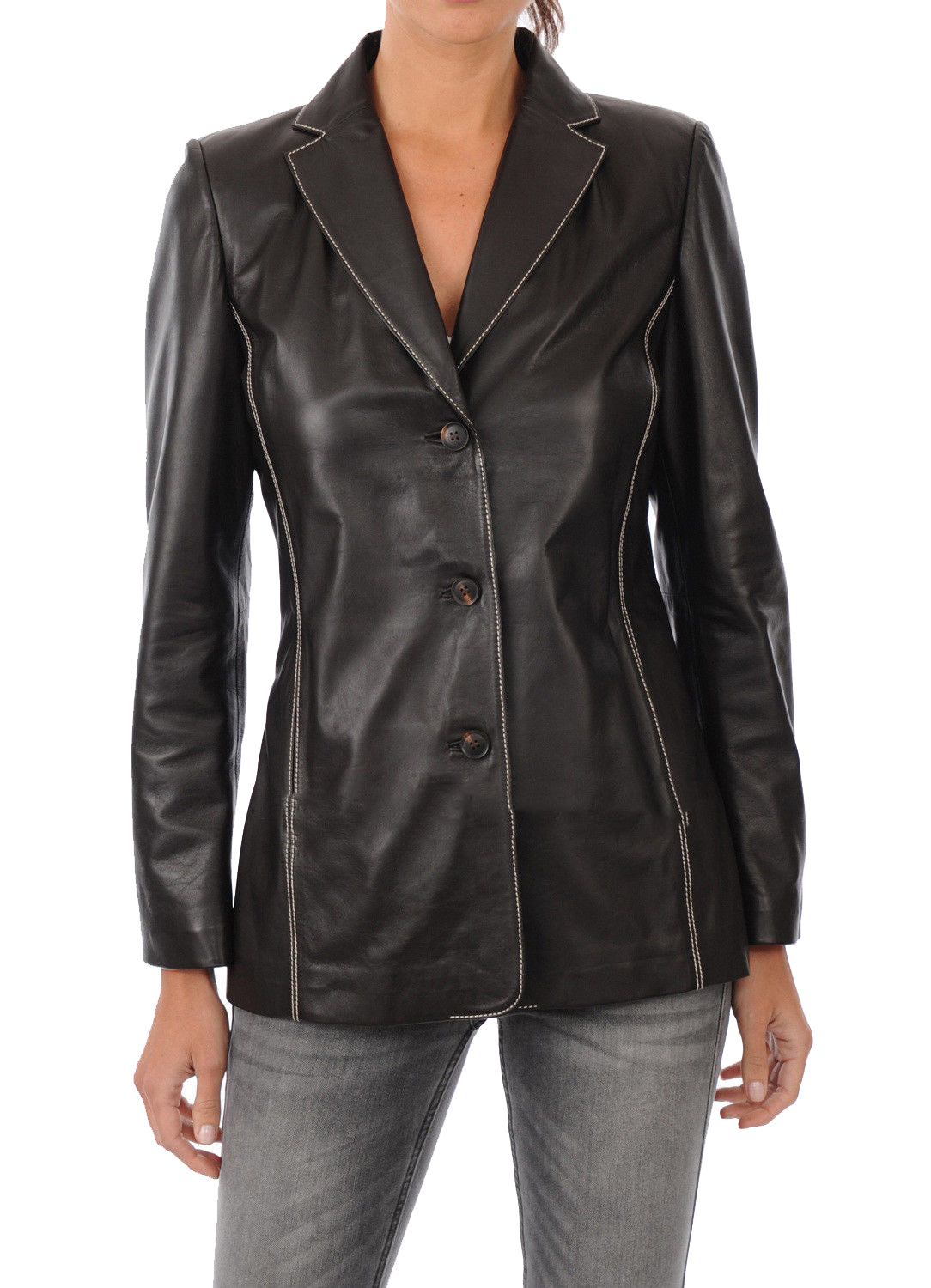 A stylish women's real lambskin leather blazer in black, featuring high-quality hardware, satin lining, and multiple pockets for convenience.