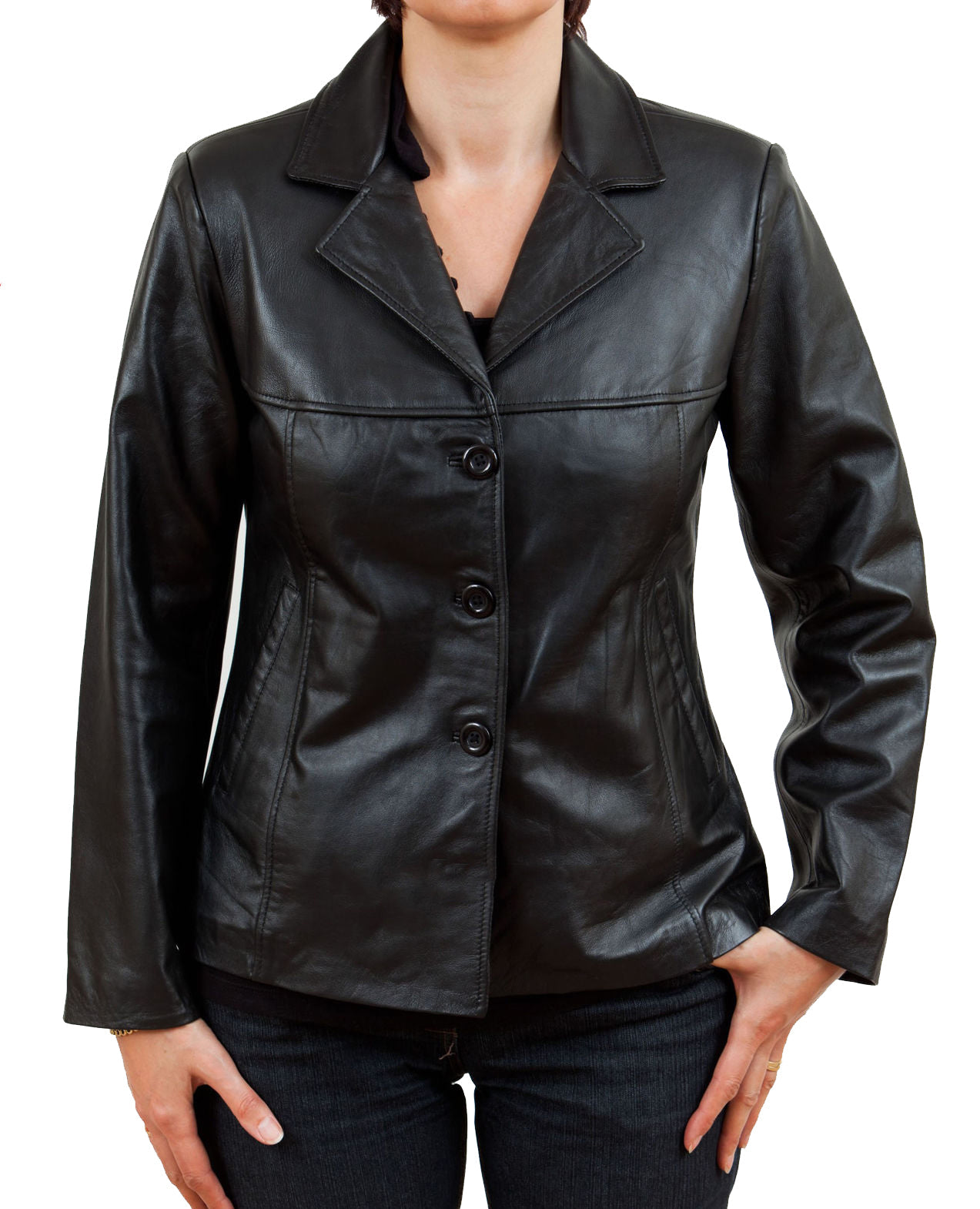 A stylish women's blazer made from genuine lambskin leather, featuring a satin lining and functional pockets, showcasing high-quality craftsmanship.