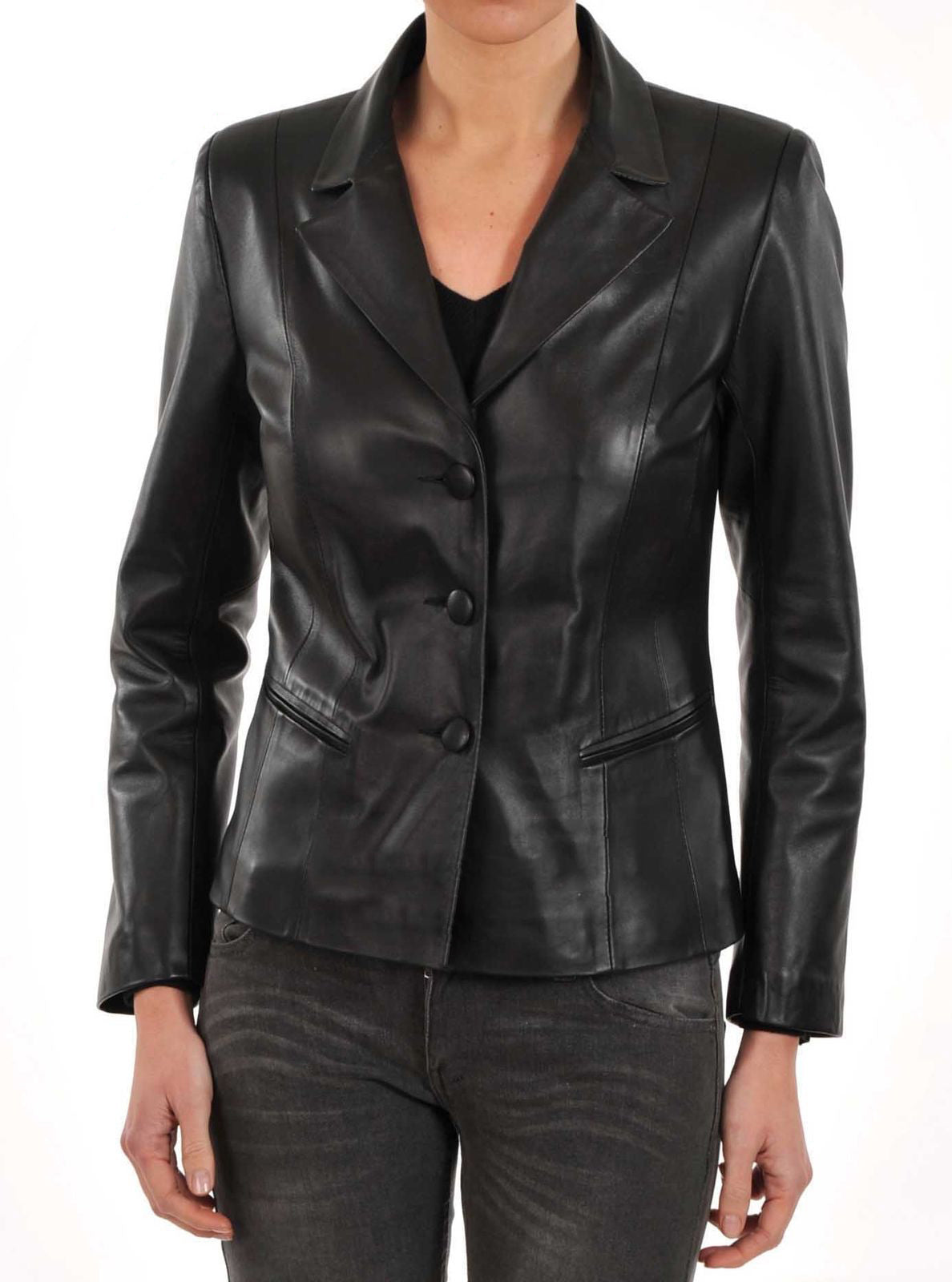 Leathers Women's Real Lambskin Leather Blazer BW019 featuring high-quality leather, satin lining, and stylish design with pockets.
