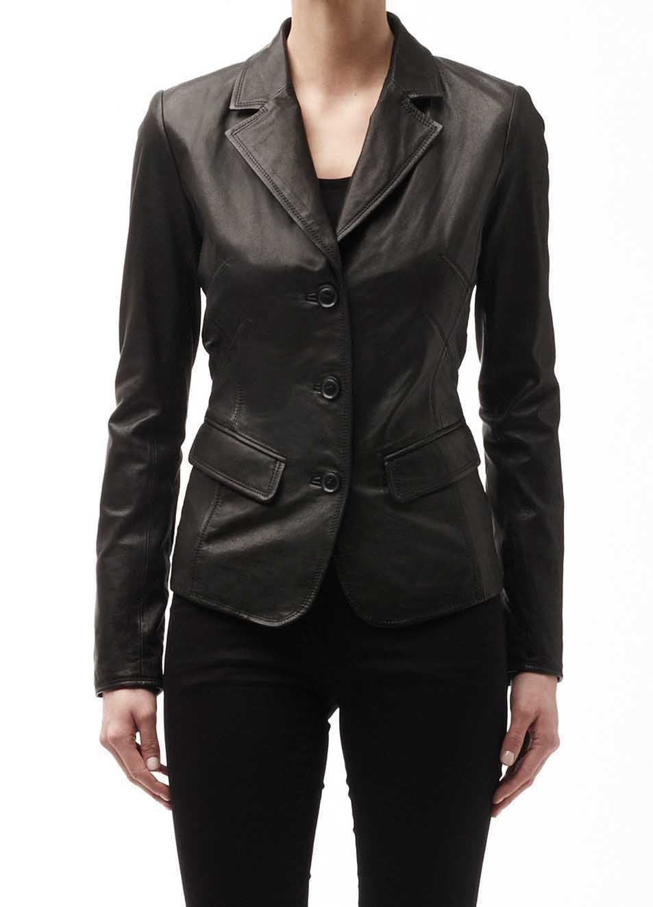 Leathers Women's Real Lambskin Leather Blazer BW020 featuring high-quality leather, satin lining, and stylish design with pockets.