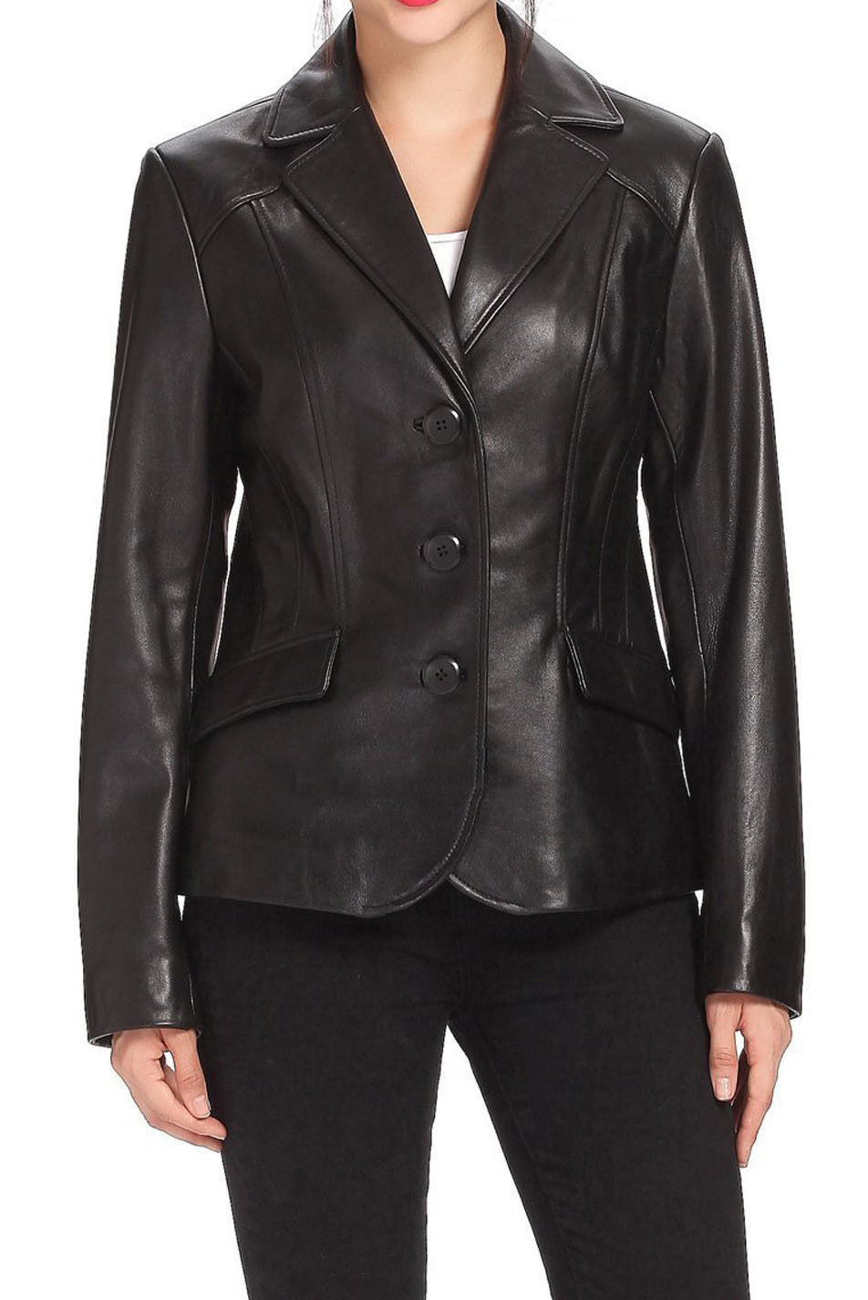 Leathers Women's Real Lambskin Leather Blazer BW026 featuring high-quality leather, satin lining, and stylish design with pockets.