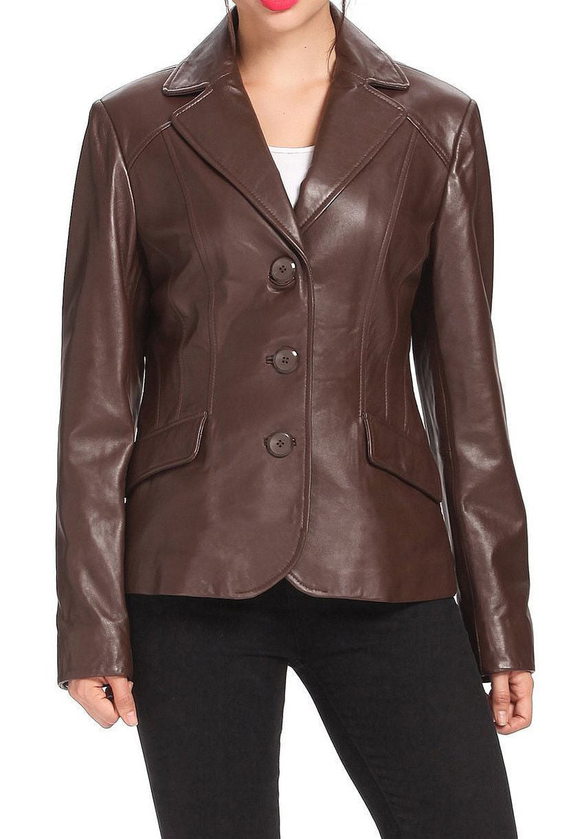 Leathers Women's Real Lambskin Leather Blazer BW027 featuring high-quality leather, satin lining, and stylish design with pockets.