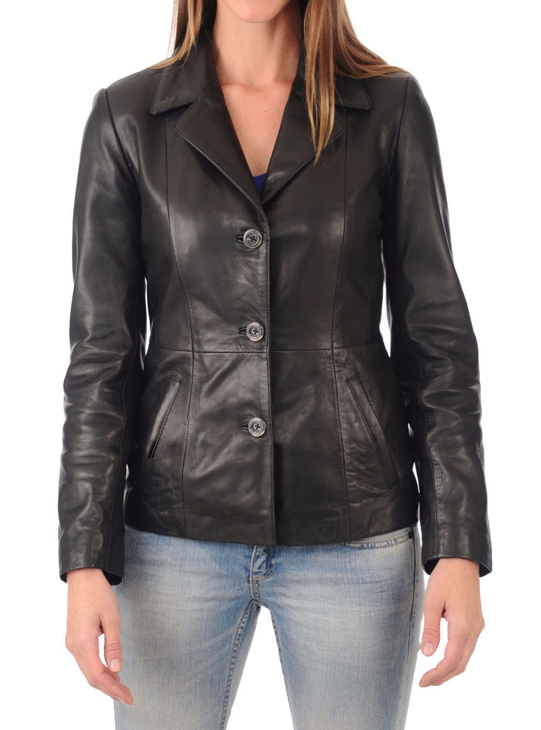 Leathers Women's Real Lambskin Leather Blazer BW033, featuring high-quality leather, satin lining, and stylish design with pockets.