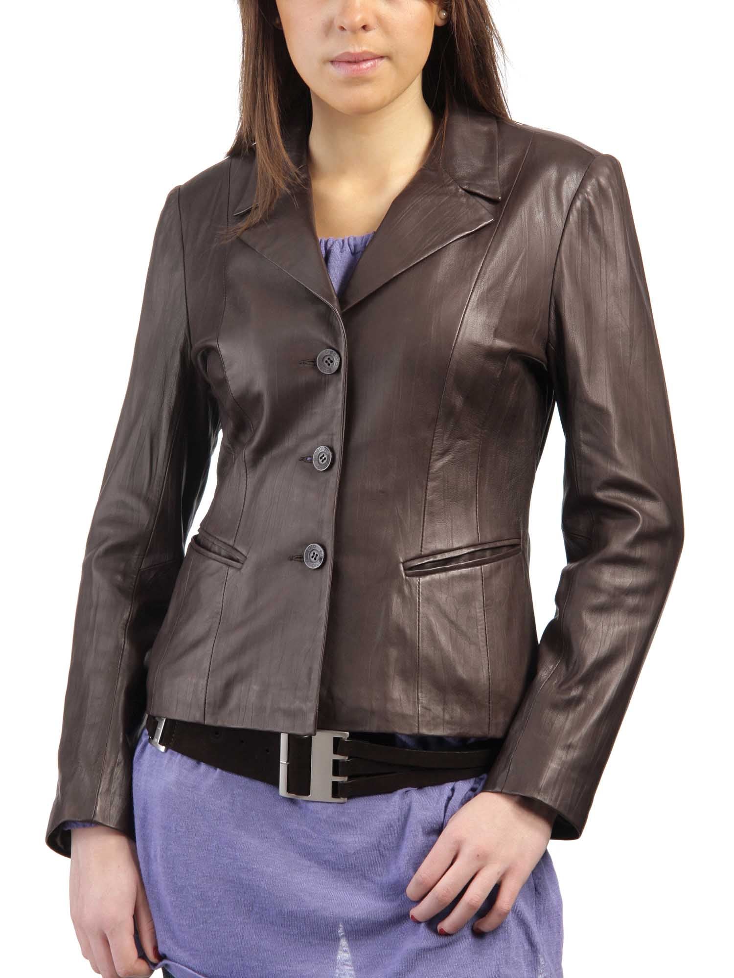 A stylish women's real lambskin leather blazer in black, featuring satin lining and multiple pockets, showcasing high-quality craftsmanship.