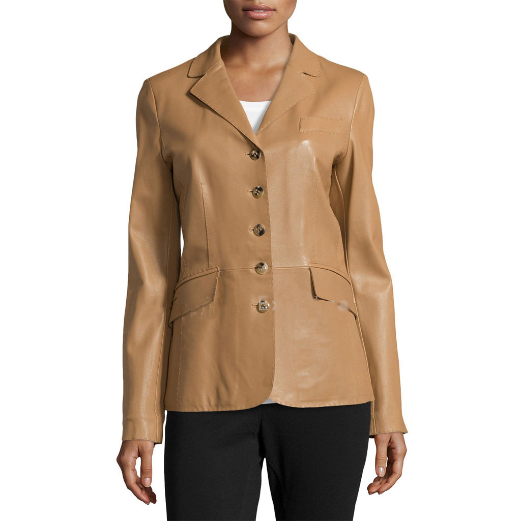 Leathers Women's Real Lambskin Leather Blazer BW068 featuring high-quality leather, satin lining, and stylish design with pockets.