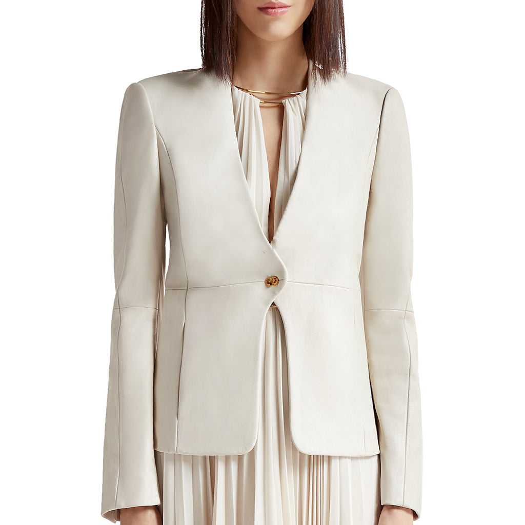 Leathers Women's Real Lambskin Leather Blazer BW071 featuring high-quality leather, satin lining, and stylish design with pockets.