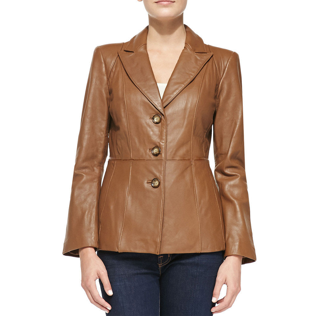 Leathers Women's Real Lambskin Leather Blazer BW074 featuring high-quality leather, satin lining, and stylish design with pockets.