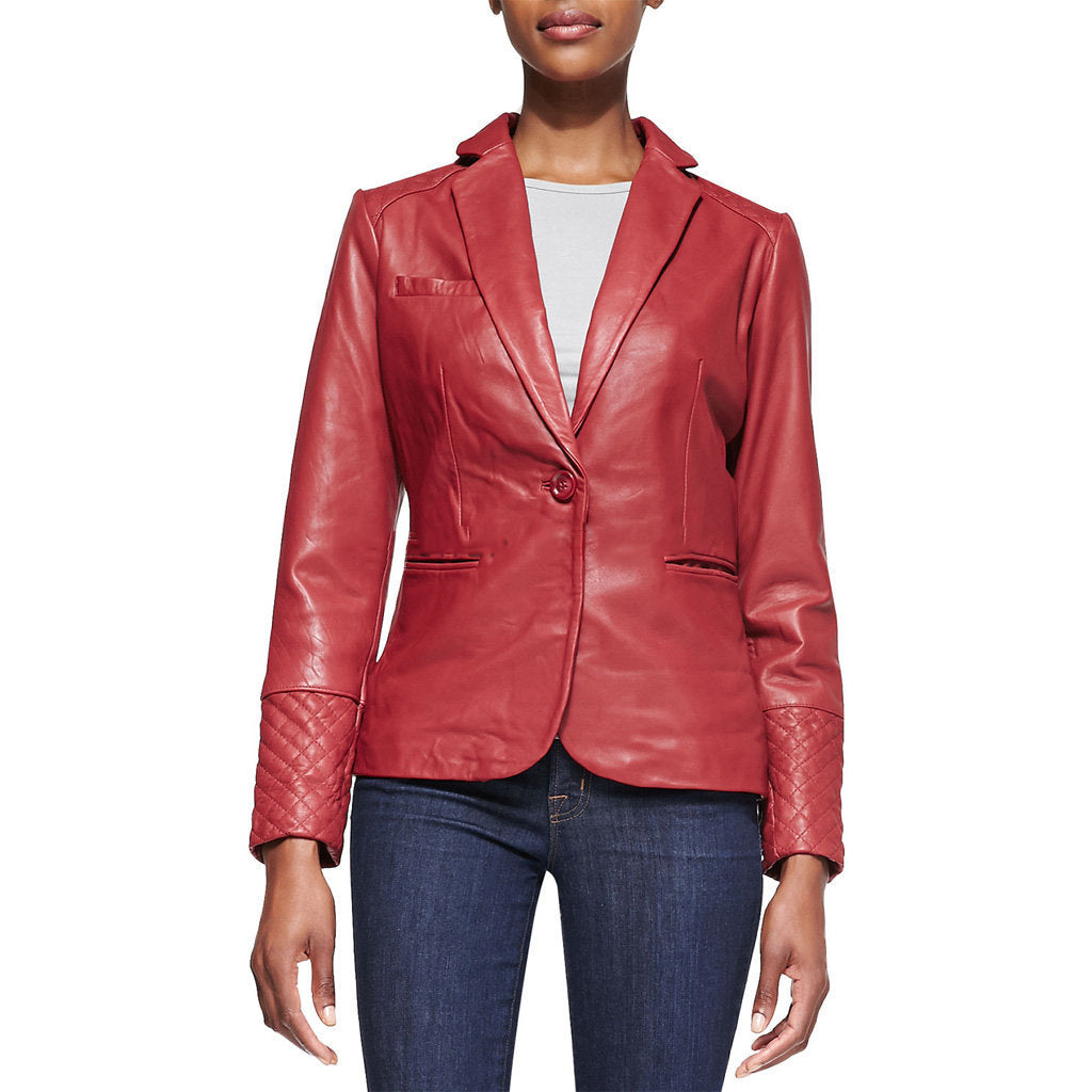 Leathers Women's Real Lambskin Leather Blazer BW076 featuring high-quality leather, satin lining, and stylish design with pockets.