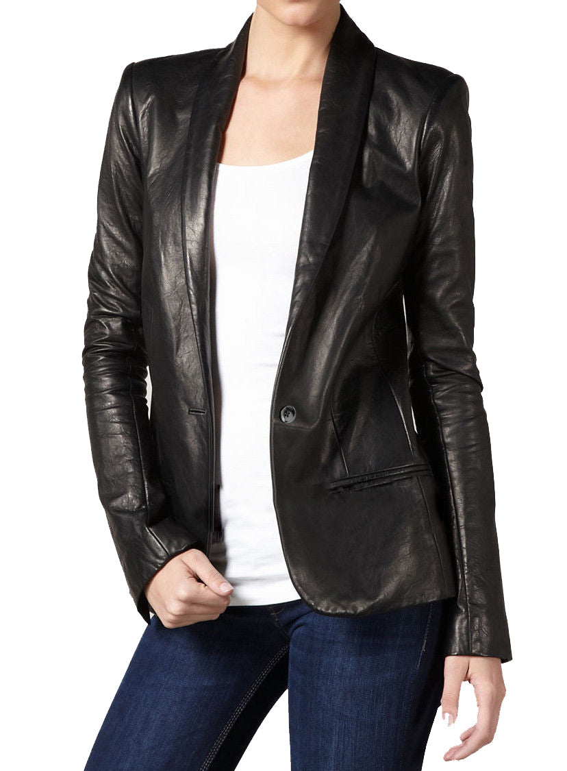 Leathers Women's Real Lambskin Leather Blazer BW008 featuring high-quality leather, satin lining, and stylish design with pockets.