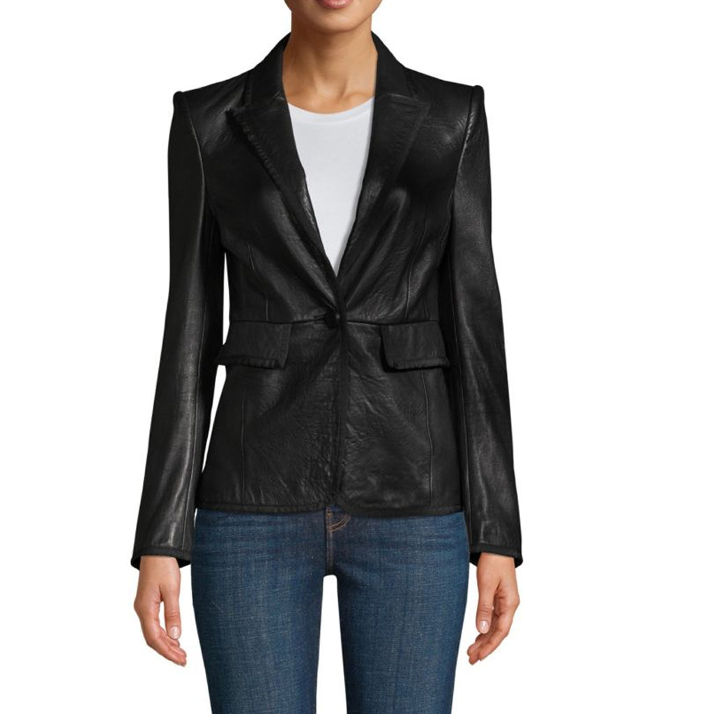 A stylish women's real lambskin leather blazer in black, featuring high-quality hardware, satin lining, and multiple pockets for functionality.