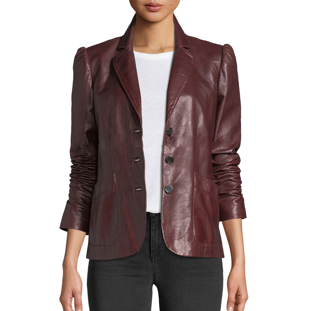 Leathers Women's Real Lambskin Leather Blazer BW101, showcasing high-quality leather, satin lining, and stylish design with pockets.