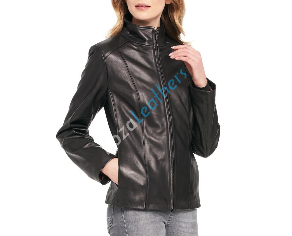 Leathers Women's Real Lambskin Leather Bomber Jacket KW098 showcasing its soft lambskin leather, satin lining, and stylish design.