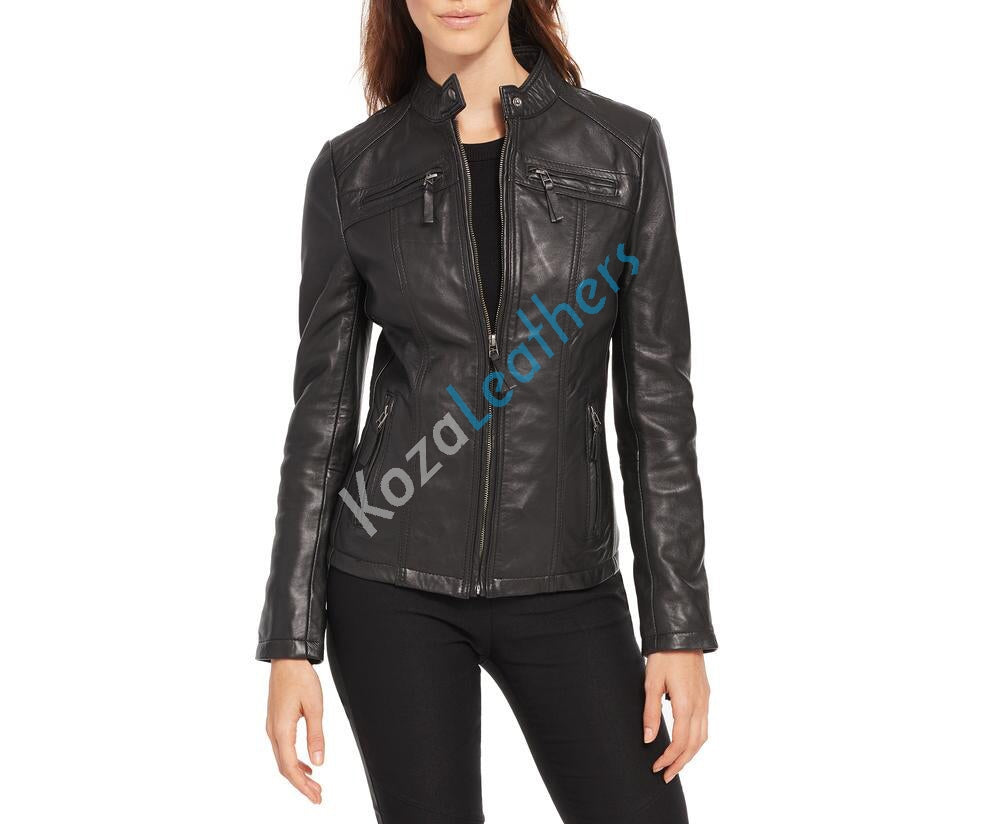 Leathers Women's Real Lambskin Leather Bomber Jacket KW102 featuring high-quality leather, satin lining, and stylish design.