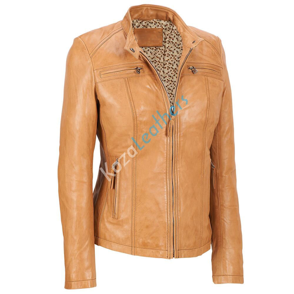Leathers Women's Real Lambskin Leather Bomber Jacket KW109 featuring high-quality leather, satin lining, and stylish motorcycle design.