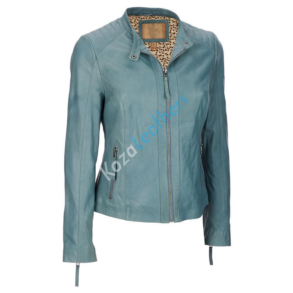 Leathers Women's Real Lambskin Leather Bomber Jacket KW133 displayed on a mannequin, showcasing its sleek design and high-quality leather.