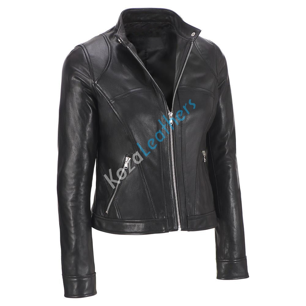 Leathers Women's Real Lambskin Leather Bomber Jacket KW145 featuring high-quality leather, satin lining, and stylish design.
