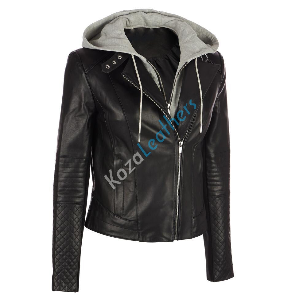 Black leather jacket with hoodie.