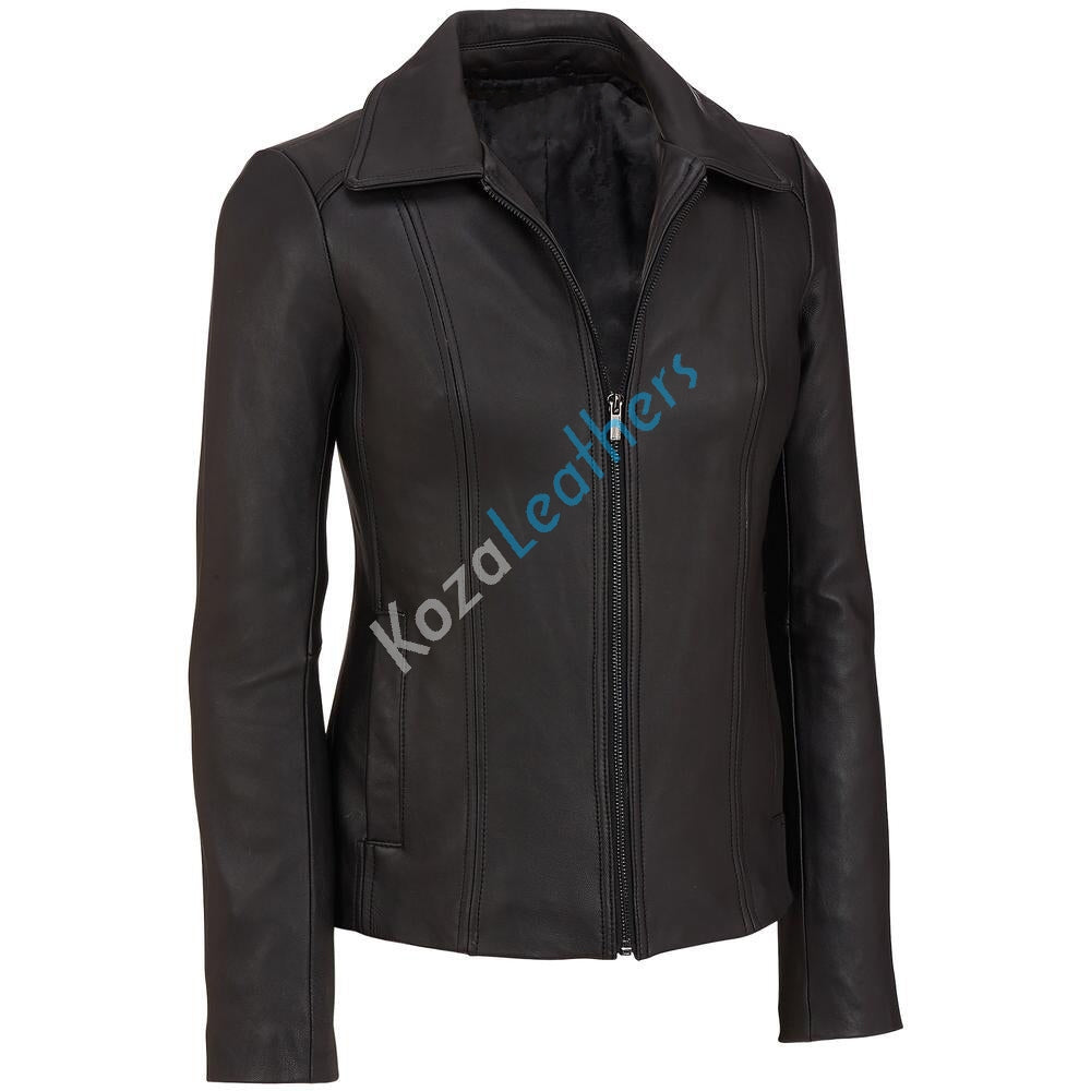 Leathers Women's Real Lambskin Leather Bomber Jacket KW162 showcasing genuine leather, satin lining, and stylish motorcycle design.